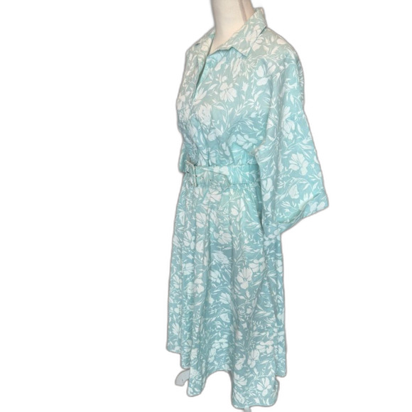 VTG The American Shirt Dress Aqua White Floral Belted Women’s 15/16 Vintage 80’s - Picture 4 of 10